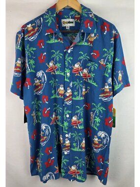Tipsy Elves Men's Shirt Size Large Blue Surfs Up Santa Christmas Hawaiian Top